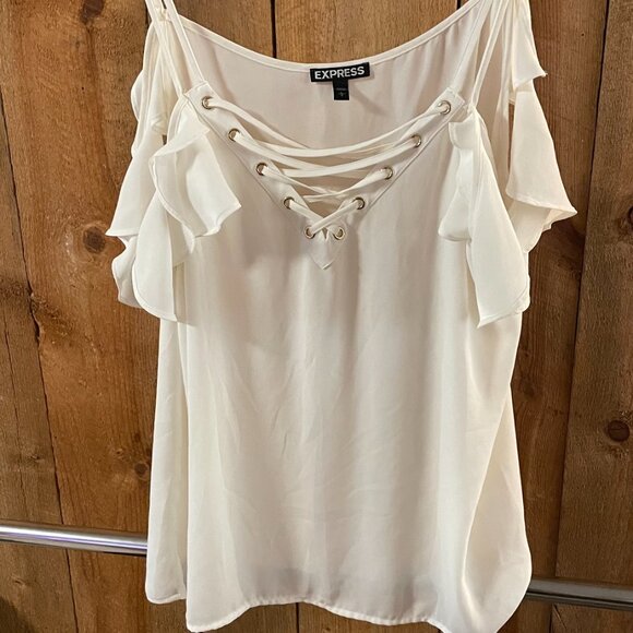 Women's Express White Off Shoulder Ruffle Blouse (L) - Picture 4 of 4